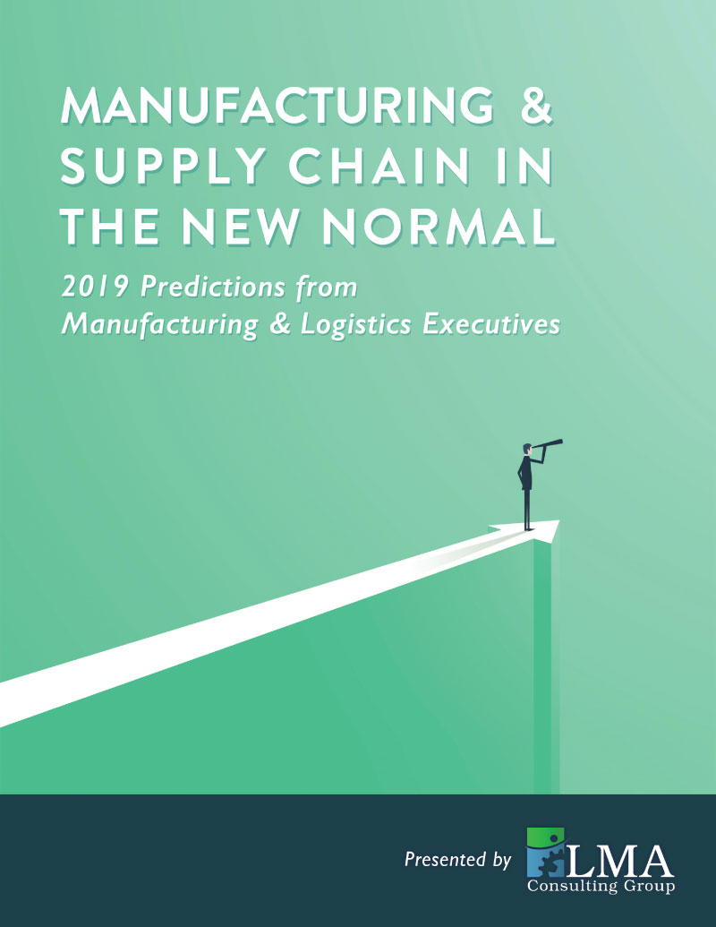 Graphic illustrating 2019 trends and predictions in manufacturing and logistics, highlighting innovation and supply chain