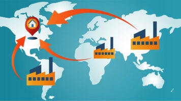 concept art symbolizing the trend of reshoring manufacturing to the USA for improved supply chain resilience.