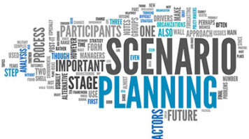Scenario planning graphic showing AI supply chain decision-making with ERP, analytics, and what-if analysis for better business outcomes