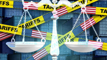 Tariffs and Trade Impact on Manufacturing Illustration of tariffs and trade affecting manufacturing with scales, U.S. flags and shipping containers symbolizing global supply chains