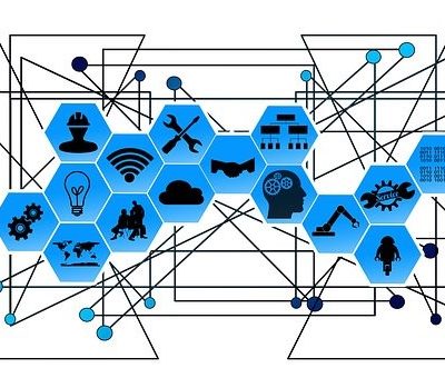 Graphic showcasing AI, robots, IoT, and blockchain as transformative technologies in modern supply chain management